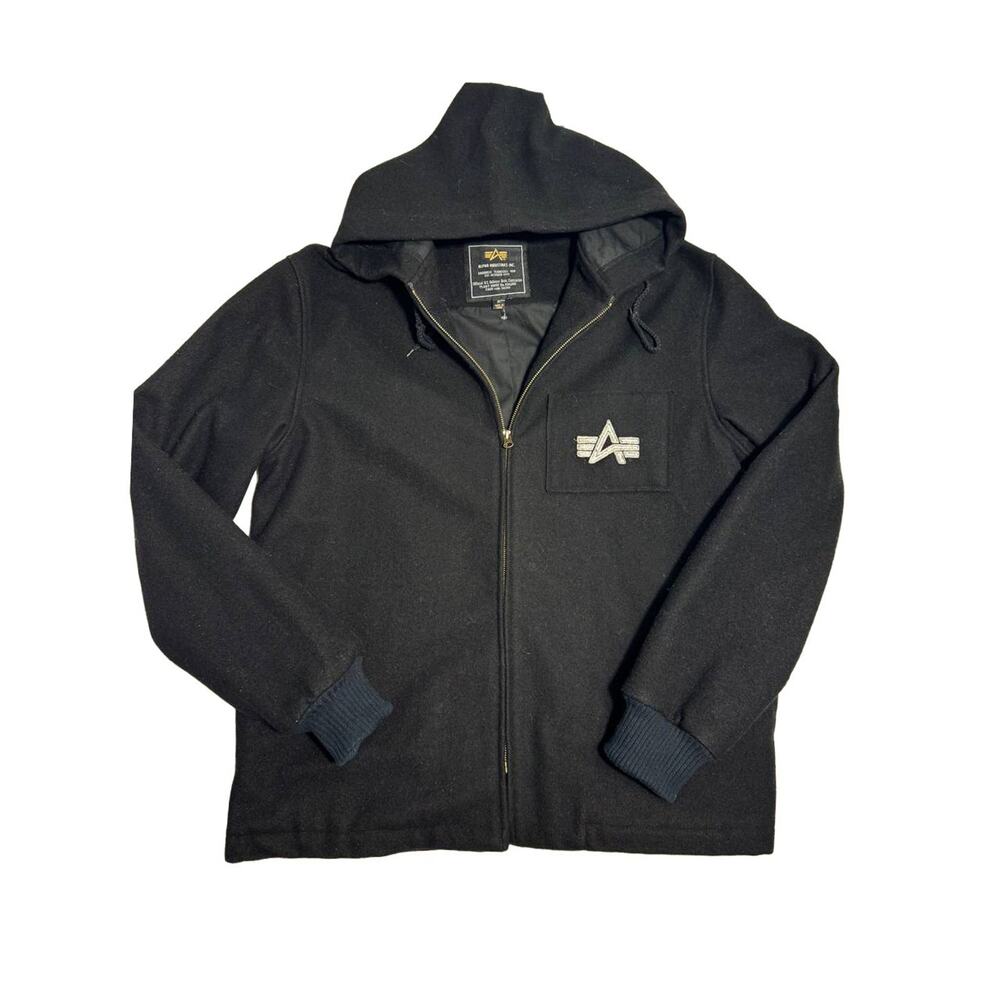 Alpha Industries Jacket Mens XL Black Full Zip Hoodie Military Style Wool Blend